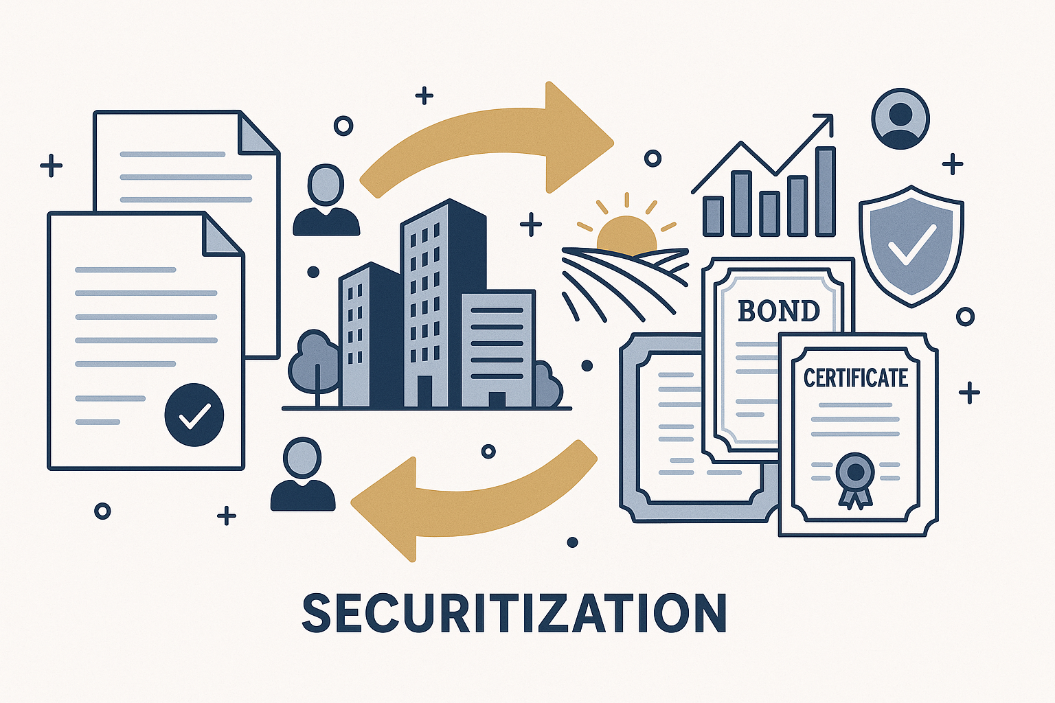 Ilustração conceitual do processo de securitização, mostrando a transformação de documentos e contratos em ativos financeiros, com elementos visuais de imóveis, agronegócio, gráficos financeiros e investidores, simbolizando segurança e crescimento.